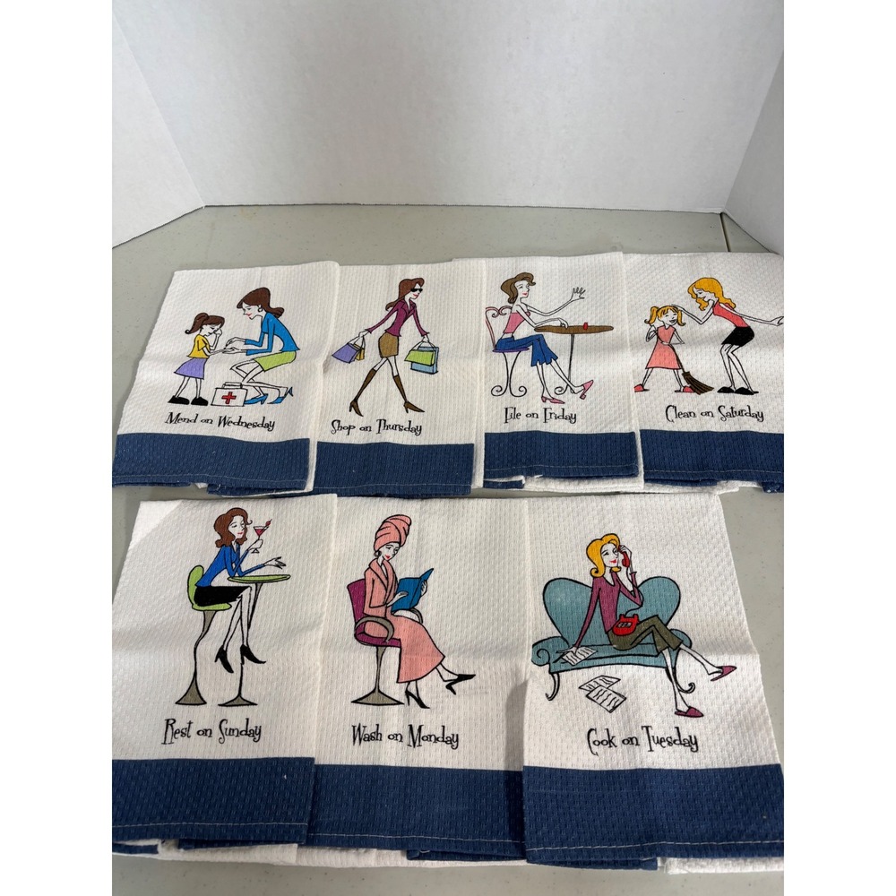 Vintage Style Days of the Week Kitchen Tea Towels Set of 7 Cotton Waffle Weave - Picture 2 of 4